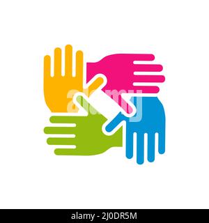 Diversity hands together. Friendship colorful symbol. Business unity pictogram. Stock Vector