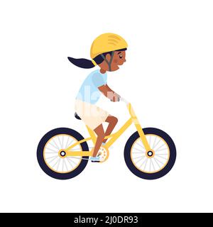 Cute happy American girl with yellow helmet riding bicycle. African child rides modern bike. Stock Vector