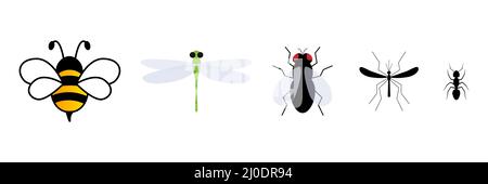 Cute insect flat character set. Cute bee, dragonfly, fly, mosquito and ant. Stock Vector