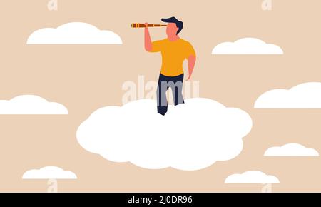 Job search and visionary symbol on cloud. Employment vacancy and vision to future looking vector illustration concept. Leadership look career and fina Stock Vector