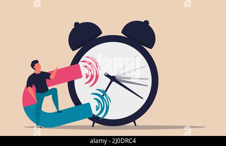 Turn back time with magnet and alarm clock. Return timer and change future business vector illustration concept. People finance overtime and late dead Stock Vector