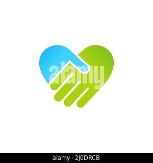 Handshake blue and green silhouette icon. Heart shape. Medical symbol. Stock Vector