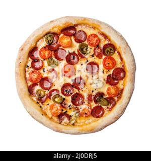 https://l450v.alamy.com/450v/2j0drj5/pizza-with-smoked-sausage-cherry-tomatoes-dried-chilli-jalapeno-peppers-and-mozzarella-isolated-on-white-background-2j0drj5.jpg