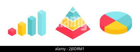 Isometric graph, pyramid and pie chart set. Business colorful analysis symbols for reports and presentations. Stock Vector