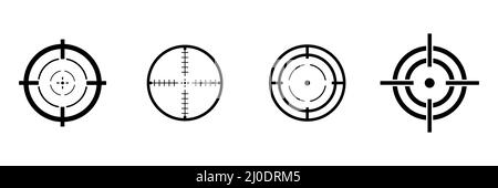 Aim sniper shoot group. Red target destination icon set. Focus cursor bull eye mark collection. Stock Vector