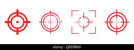 Aim sniper shoot group. Red target destination icon set. Focus cursor bull eye mark collection. Stock Vector