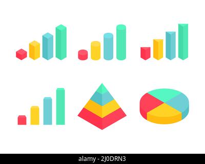 Isometric graph, pyramid and pie chart set. Business colorful analysis symbols for reports and presentations. Stock Vector