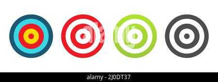Archery target colorful icon set. Goal symbols with bow arrow collection. Darts game elements. Stock Vector