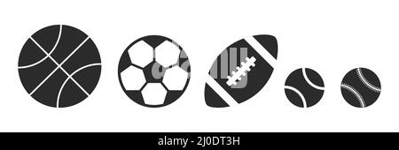 Set of balls black icons. Basketball, soccer, rugby, tennis and baseball balls black color collection. Stock Vector