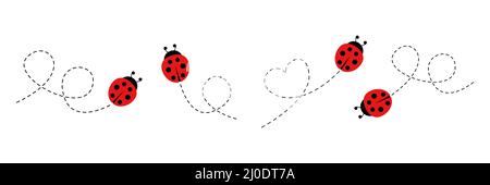 Cartoon ladybug icon set. Ladybugs flying on dotted route. Vector isolated on white background. Stock Vector