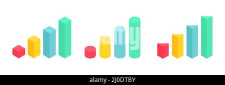Isometric graph, pyramid and pie chart set. Business colorful analysis symbols for reports and presentations. Stock Vector