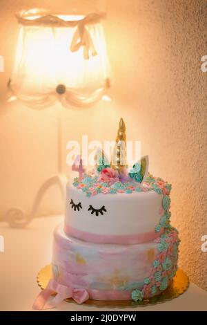 Close-up view of delicious birthday cake with number four on top Stock Photo