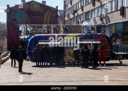 Moscow, Russia. 18th of March, 2022 A food truck painted as a Russian matryoshka doll and installed near the closed oldest McDonald's restaurant on Pushkinskaya square in central Moscow, Russia Stock Photo