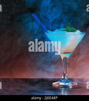 Alcoholic, cocktail, dramatic interior, smoke, reflection, violet, bodily, Stock Photo