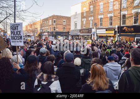 London, UK. 18th Mar, 2022. Demonstrators gathered outside Stoke Newington Police Station in protest against police in schools, after it emerged that a 15-year-old Black girl was strip-searched by police at a Hackney school, which is thought to be racially motivated. (Credit Image: © Vuk Valcic/ZUMA Press Wire) Stock Photo