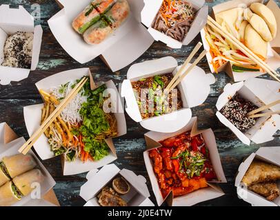 Top View of Chinese Take Away Food with Chop Sticks on Wooden Table. Spicy  Asian Food in White Box - Salad, Souse, Rice with Egg, Stock Image - Image  of food, beef: 148326521