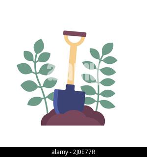 Shovel in the soil, vector icon Stock Vector