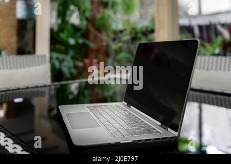 Laptop computer blank black screen on reflective table vegetation on the background. Working remote is part of our days. Stock Photo