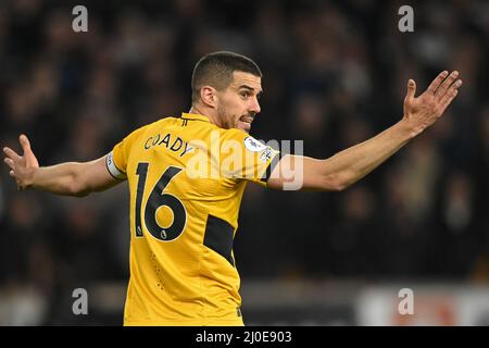 Conor Coady #16 of Wolverhampton Wanderers reacts during the game Stock Photo