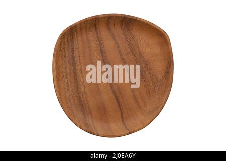 Rustic wooden plate, isolated on white. Empty wooden bowl. Top view. Flat lay. Stock Photo