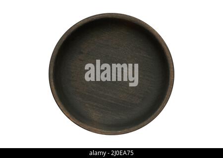 Rustic simple wooden bowl, isolated on white. Empty wooden plate. Top view. Flat lay. Stock Photo