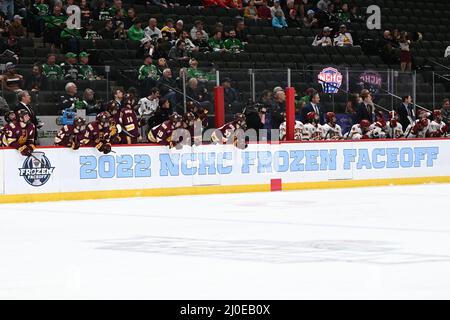 Minnesota, USA. 18th Mar, 2022. The benches during the National Collegiate Hockey Conference semi-final Frozen Faceoff game between the University of Minnesota - Duluth Bulldogs and the Denver University Pioneers at the Xcel Energy Center in St. Paul, MN on Friday, March 18, 2022. Credit: Cal Sport Media/Alamy Live News Stock Photo