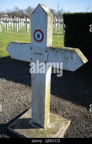 Le Mans, France - February 27, 2022: The west cemetery in Le Mans contains Belgium, French,American, Polish, Commonwealth and German graves.  Sunny wi Stock Photo