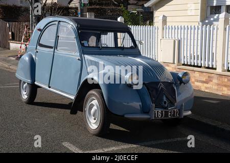 Le Mans, France - February 27, 2022: An old blue old timer classic Citroen 2CV (Dodoche) car in a very good shape. Parked in Le Mans street. French li Stock Photo