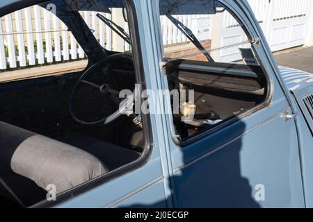 Le Mans, France - February 27, 2022: An old blue old timer classic Citroen 2CV (Dodoche) car in a very good shape. Parked in Le Mans street. French li Stock Photo