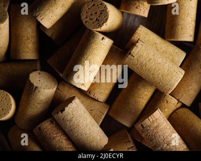 Macro shot. Lots of wine corks. Collection of wines, luxury. Wine tasting, wine cellar, banquet, celebration. There are no people in the photo. Backgr Stock Photo