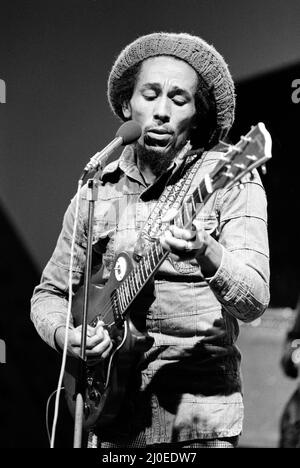 Jamaican singer Bob Marley seen here performing in London. Marley is a quiet and pleasant person, who is devoted to World Peace. The son of a British Army officer who was stationed in Jamaica  June 1978 Stock Photo