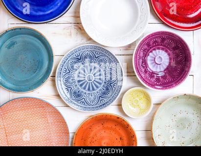 Set of different empty plates Stock Photo