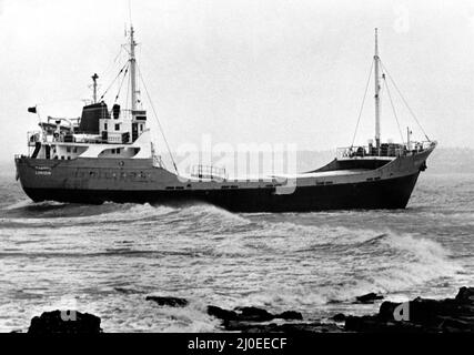 North East Shipwrecks -  The battered 400-tom coaster Ganton lay stranded having run aground on rocks near St Mary's Island, Whitley Bay. Tynemouth lifeboat was called out to take the four crew memebers to safety.   The four were later named as Ian Cowie, of Blyth, Howard Russell, of Berwick and Scotmen Stuart Barrie and Wayne Smith.   But as rescuers prepared for the tricky salvage operatiion skipper John Tullough and engineer Bill Sannon sat it out at Curry's Point, Whitley Bay, where the Ganton went ashore.   The ship's owners, the Edinburgh-based Lindsay Line, were conmfident that the ship Stock Photo