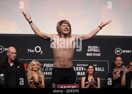 London, UK. 18th Mar, 2022. LONDON, UK - MARCH 18: Paddy Pimblett poses on the scale during the UFC Fight Night 204: Volkov v Aspinall Weigh-In at The O2 on March 18, 2022 in London, United Kingdom, United Kingdom. Credit: Px Images/Alamy Live News