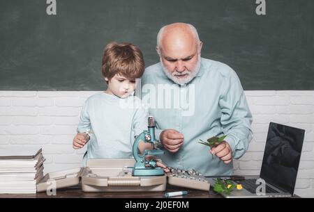 Happy smiling pupil drawing at the desk. Biology - The Science Classroom. Biology experiments with microscope. School Biology lessons. Stock Photo