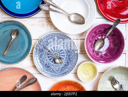 Set of different empty plates Stock Photo