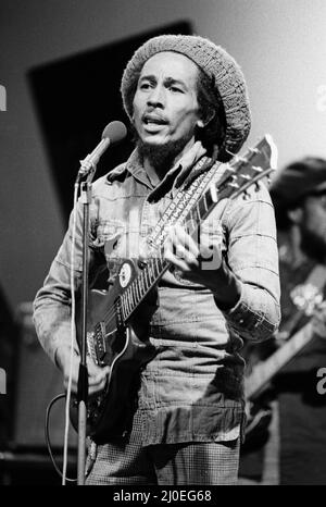 Jamaican singer Bob Marley seen here performing in London. Marley is a quiet and pleasant person, who is devoted to World Peace. The son of a British Army officer who was stationed in Jamaica   June 1978 Stock Photo