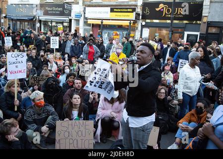 London, UK. 18th Mar, 2022. Protesters hold placards expressing their opinion during the demonstration. The strip search of a 15-year old black schoolgirl known as Child Q by Metropolitan Police officers while menustruating has triggered angry protests demanding ìpolice out of schools.î She was wrongly accused of cannabis possession. Credit: SOPA Images Limited/Alamy Live News Stock Photo