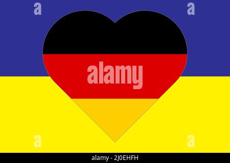 Heart painted in the colors of the flag of Germany on the flag of Ukraine. Illustration of a heart with the national symbol of Germany on a blue-yello Stock Vector
