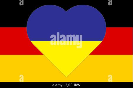 A heart painted in the colors of the flag of Ukraine on the flag of Germany. Illustration of a blue and yellow heart on the national symbol. Stock Vector