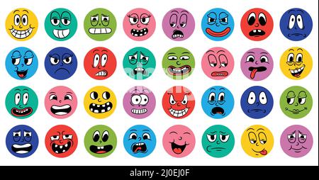 Set of cartoon comic funny faces in retro style with different expressions of emotions. Abstract round icons of heads of emotional characters. Emoji Stock Vector