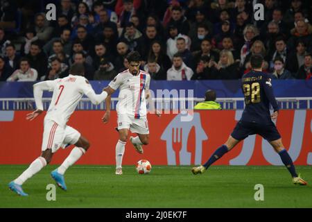 Lucas PAQUETA of Lyon and Bruno COSTA of Porto during the UEFA Europa League, Round of 16, 2nd leg football match between Olympique Lyonnais (Lyon) and FC Porto on March 17, 2022 at Groupama stadium in Decines-Charpieu near Lyon, France - Photo Romain Biard / Isports / DPPI Stock Photo