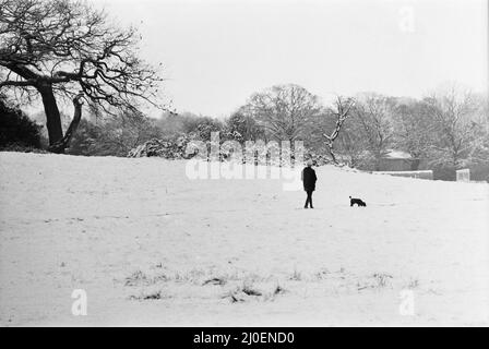 Severe weather hit Birmingham, West Midlands, on Bank Holliday Monday 2nd May 1979.(Picture) Woman walking her dog in snowy conditions. Stock Photo