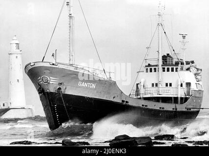 North East Shipwrecks -  The battered 400-tom coaster Ganton lay stranded having run aground on rocks near St Mary's Island, Whitley Bay. Tynemouth lifeboat was called out to take the four crew memebers to safety.   The four were later named as Ian Cowie, of Blyth, Howard Russell, of Berwick and Scotmen Stuart Barrie and Wayne Smith.   But as rescuers prepared for the tricky salvage operatiion skipper John Tullough and engineer Bill Sannon sat it out at Curry's Point, Whitley Bay, where the Ganton went ashore.   The ship's owners, the Edinburgh-based Lindsay Line, were conmfident that the ship Stock Photo