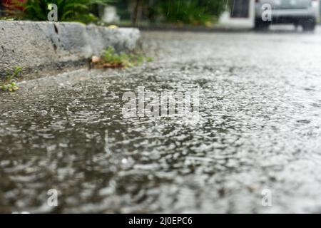 Rain drops falling on city street Stock Photo