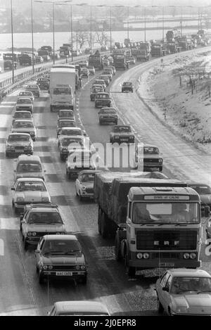 Heavy traffic on the M6 around Birmingham. 29th January 1979.