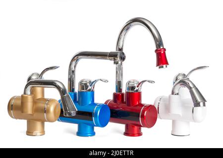 Cold and hot water mixer options on an isolated background. Stock Photo