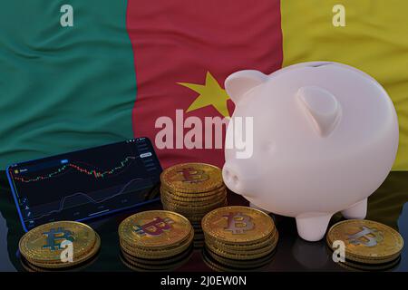 Bitcoin and cryptocurrency investing. Cameroon flag in background. Piggy bank, the of saving concept. Mobile application for trading on stock. 3d rend Stock Photo