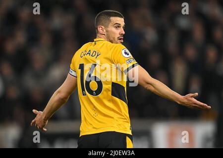 Conor Coady #16 of Wolverhampton Wanderers reacts to a decision Stock Photo