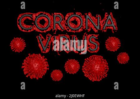 Coronavirus Wuhan, China COVID-19 inscription made by blood with corona cells below. Epidemic condition 3d illustration isolated Stock Photo